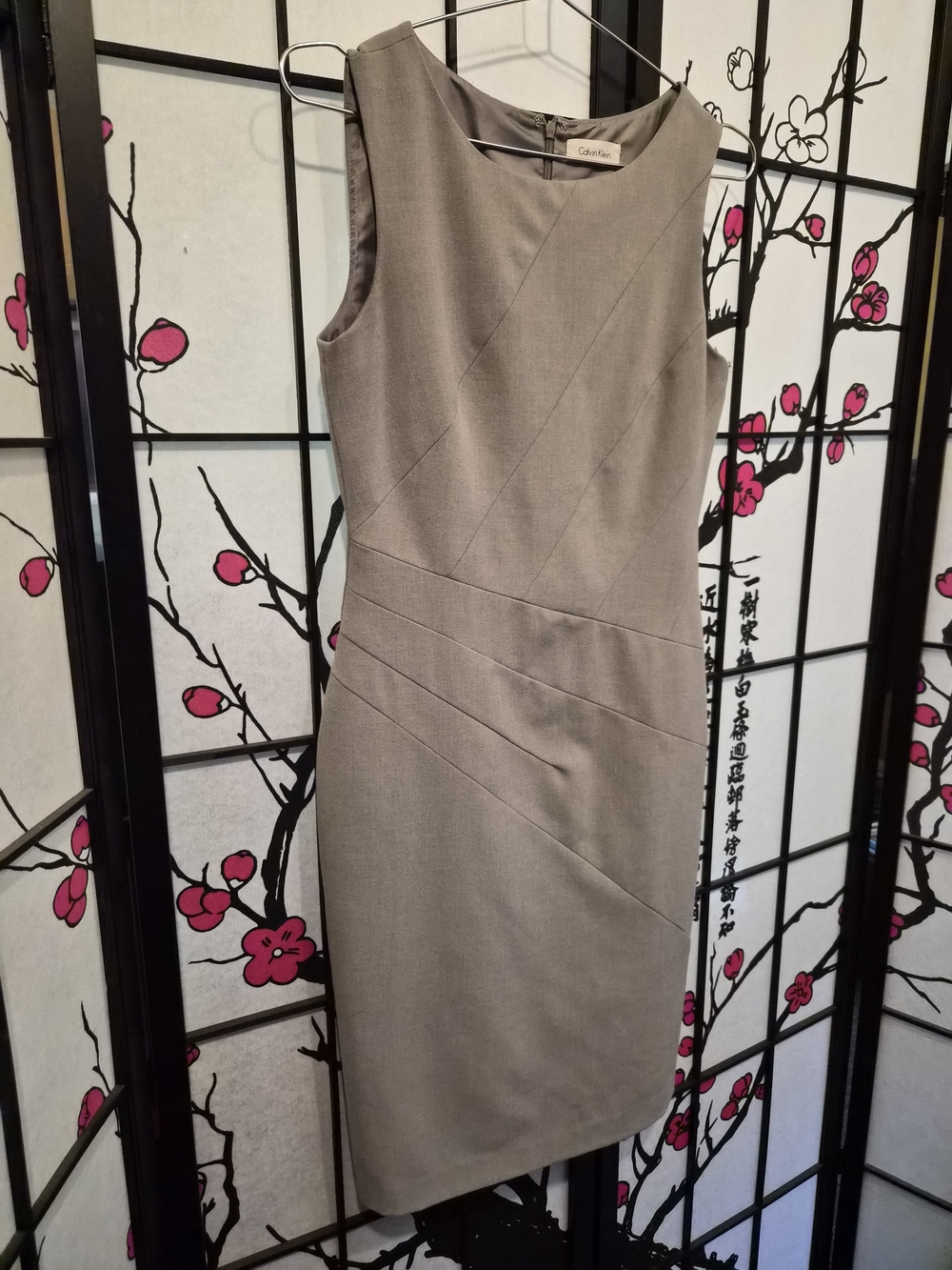 Calvin Klein Sleeveless Sheath Dress Beige Taupe Asymmetric Seaming Size 4